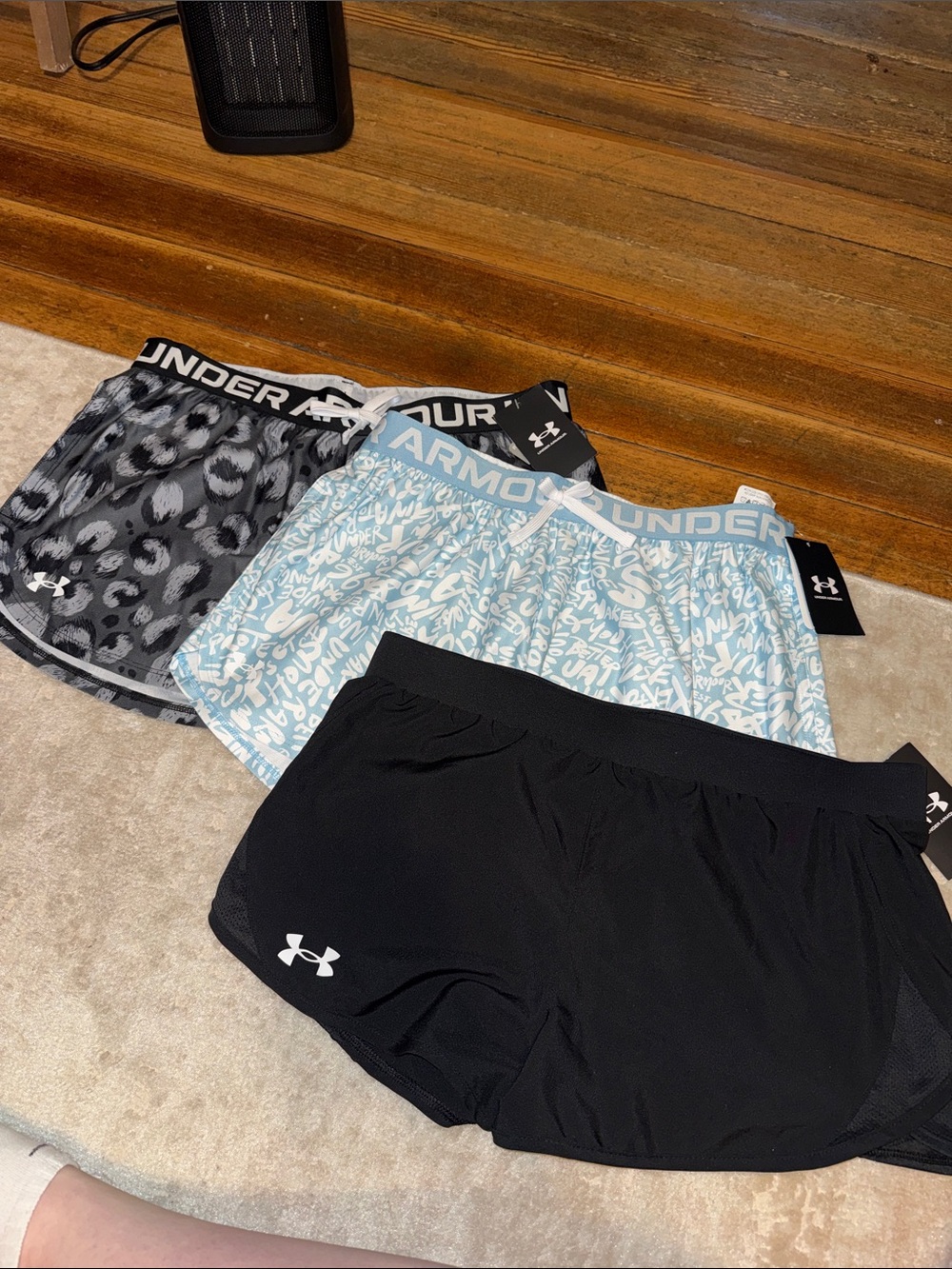 Under Armour Girls 3-Pack Athletic Shorts - Black, Light Blue, Gray Leopard